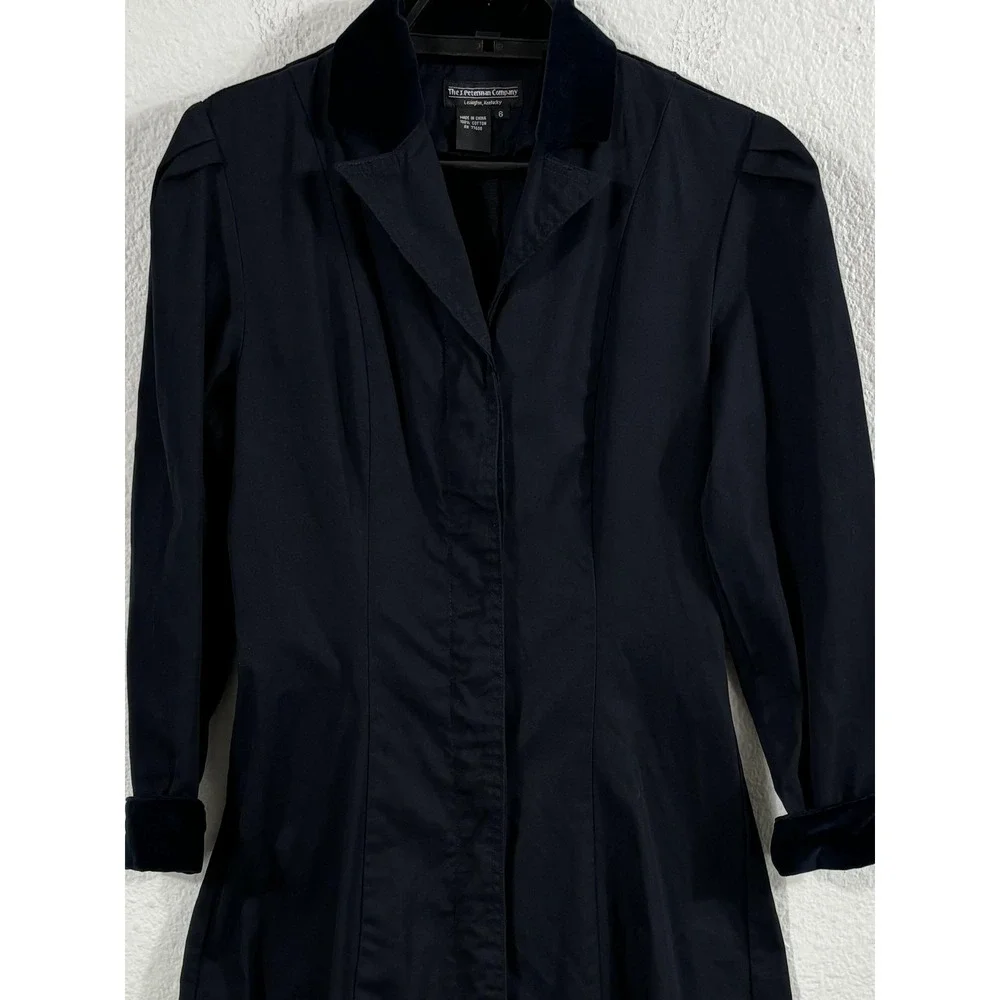 J Peterman Company Dress Womens 6 Navy Blue Velvet Collar Cuffs Long Midi A-Line